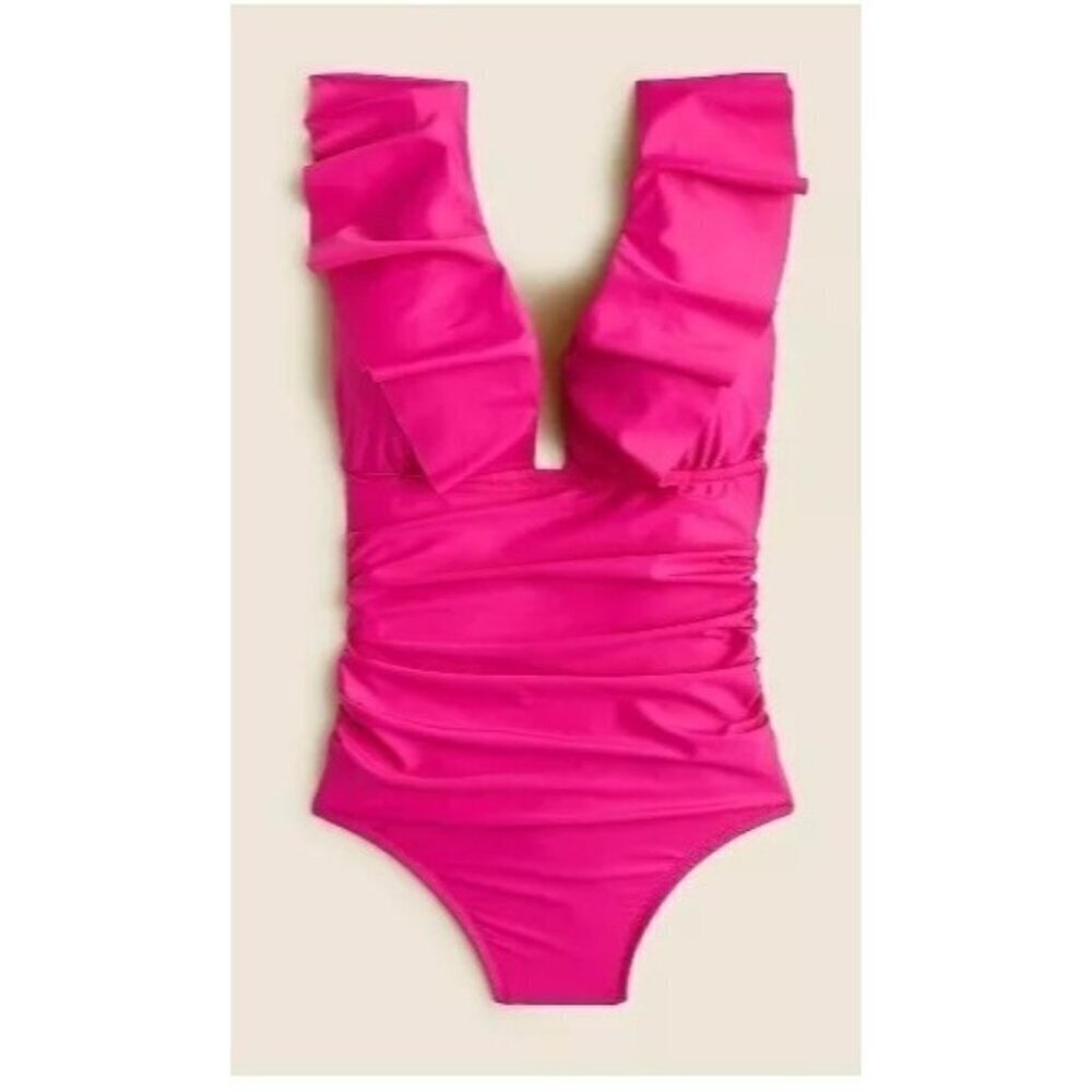 J. Crew Vibrant Pink Ruffled V-Neck One-Piece Swimsuit